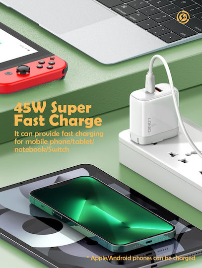 Ldnio с USB-A порт и USB-C порт и кабел USB-C - USB-C 45W Power Delivery / Quick Charge 4.0 Бял (A2526C)