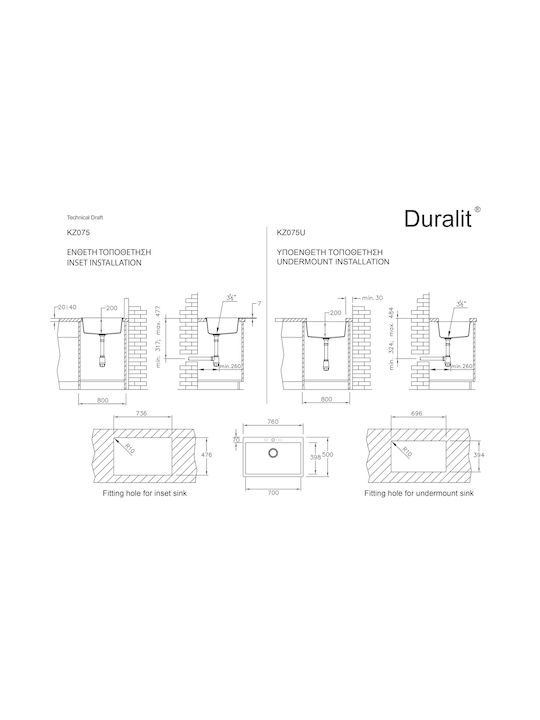 Duralit KZ075 KZ075-500 Drop-In Spüle aus Verbundgranulat B76xT50cm Beige Avena