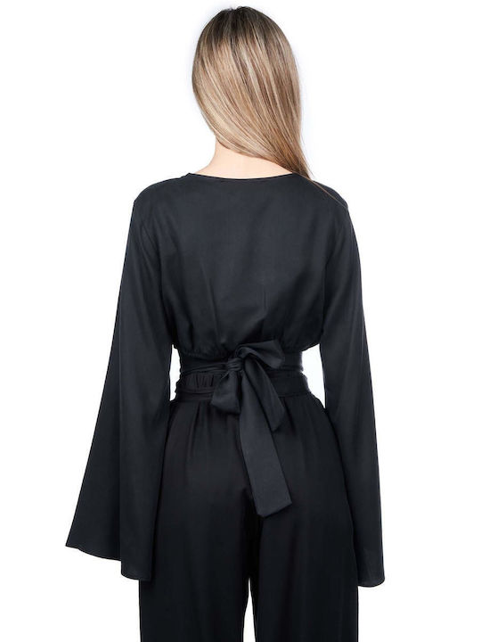 Zoya Women's Crop Top Long Sleeve with V Neck Black