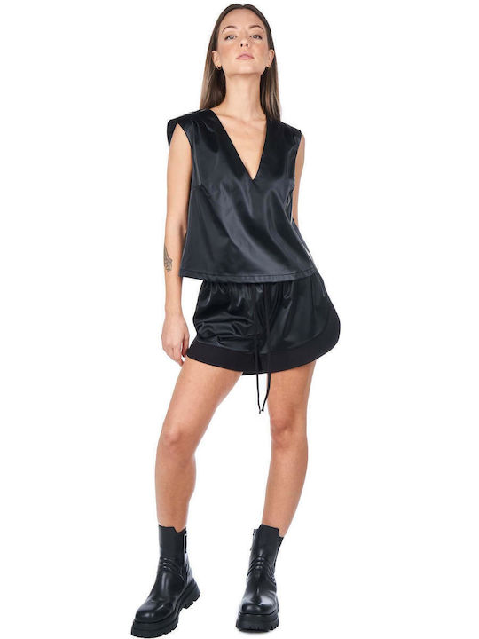 Women's Blouse Leather Sleeveless with V Neckline Black