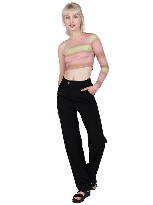 24 Colours Women's Fabric Trousers in Straight Line Black