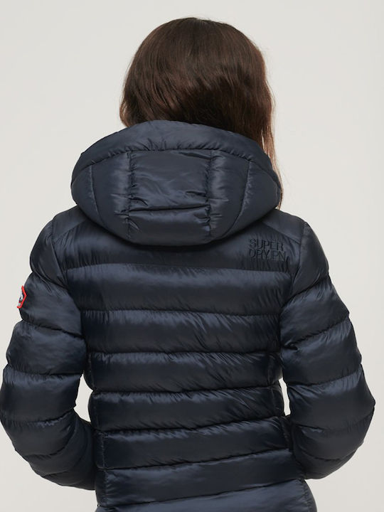 Women's Short Puffer Jacket for Winter with Hood Blue