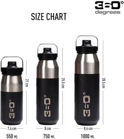 360 Degrees Insulated Wide Mouth Sip Cap Bottle Thermos Stainless Steel BPA Free 750ml Black With Loop