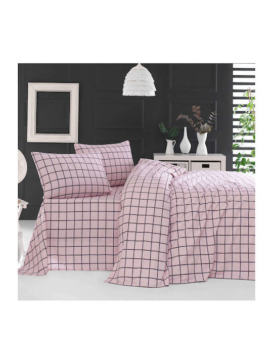 Rythmos Bettbezug-Set Baumwolle Einzelbett mit Kissenbezug 160x250 Squares Pink