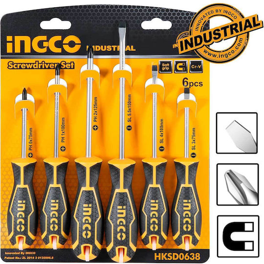 Ingco Set 6 Magnetic Electrician Screwdrivers with 6 Interchangeable Tips