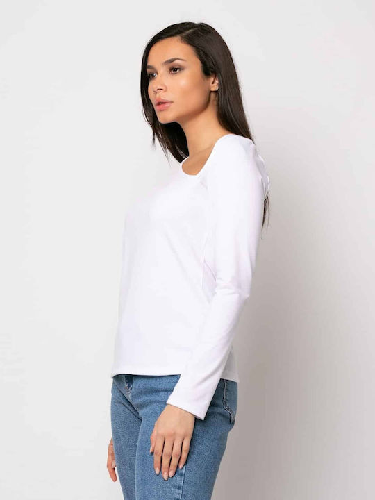 Noobass Women's Summer Blouse Long Sleeve with V Neckline White