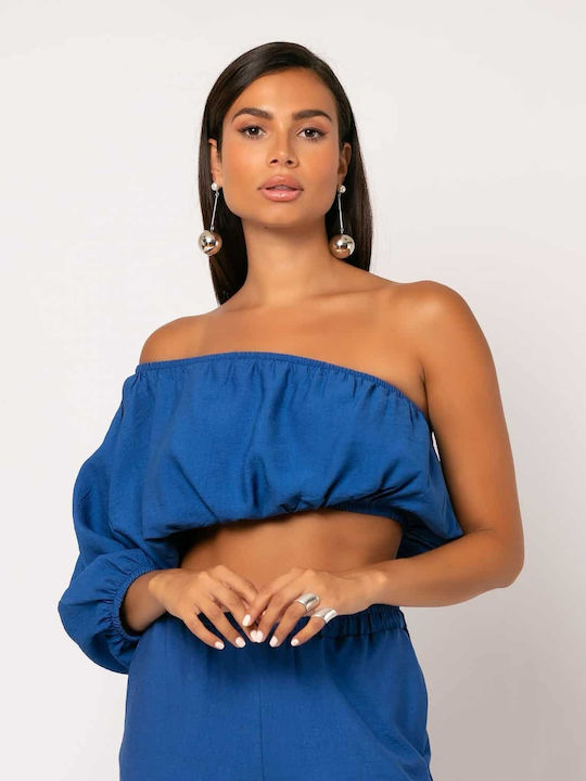 Women's Crop Top Off-Shoulder with One Shoulder Blue