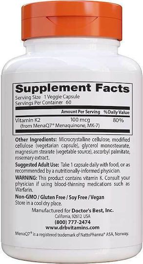 Doctor's Best Natural Vitamin K2 Mk7 With MenaQ7 Витамин за Здравето на костите 100mcg 60 вегетариански капсули