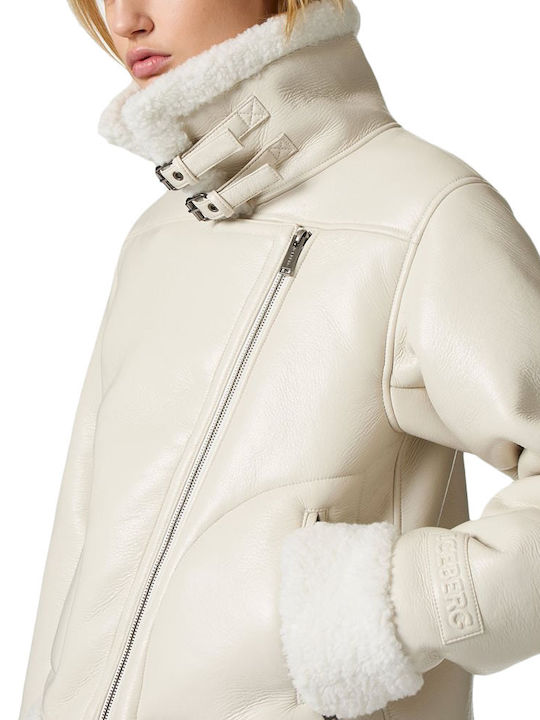 Women's Short Biker Artificial Leather Jacket for Winter White