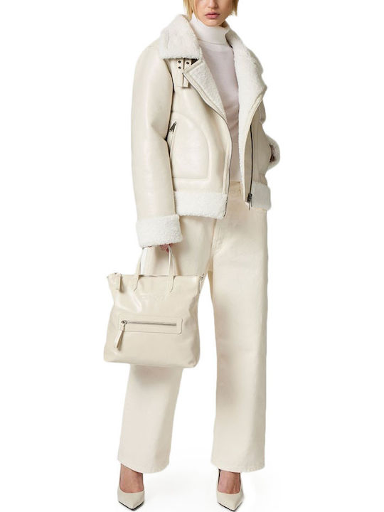 Women's Short Biker Artificial Leather Jacket for Winter White