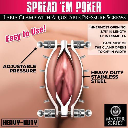 XR BDSM Accessory Master Series Spread 'Em Poker Vagina Clamp with Adjustable Pressure Screws σε Ασημί Χρώμα
