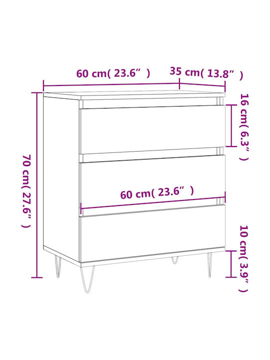 Wooden Chest of Drawers with 3 Drawers Black 60x35x70cm