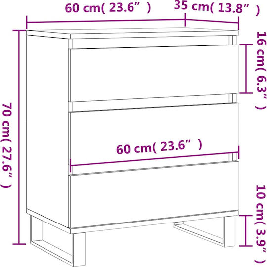 Comoda pentru Dormitor cu 3 sertare Gri 60x35x70buc