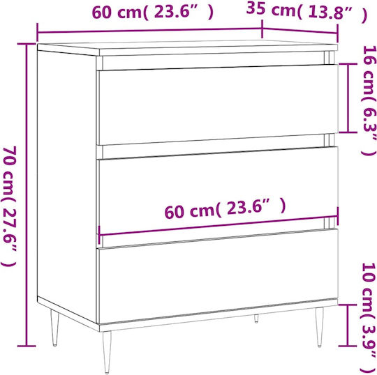 Comoda pentru Dormitor cu 3 sertare Gri 60x35x70buc