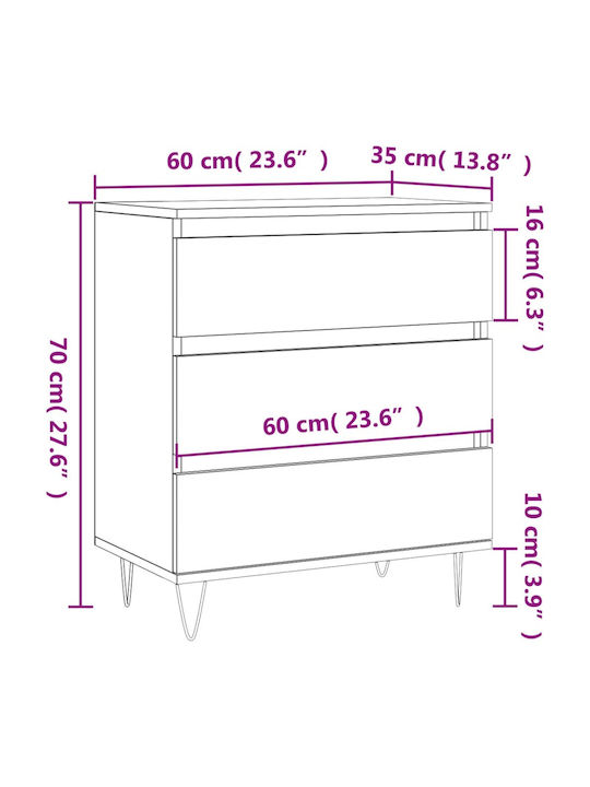 Wooden Bedroom Chest of Drawers with 3 Drawers 60x35x70cm