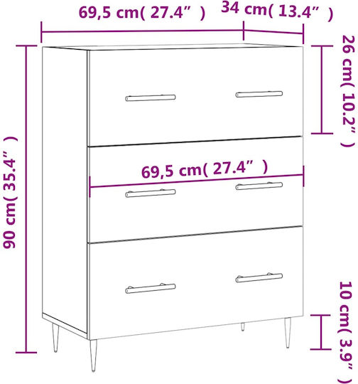 Comoda pentru Dormitor cu 3 sertare Gri 69.5x34x90buc