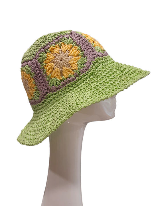 Γυναικείο Ψάθινο Καπέλο Bucket Πράσινο με Σχέδιο στη Πλέξη Περιμετρικά