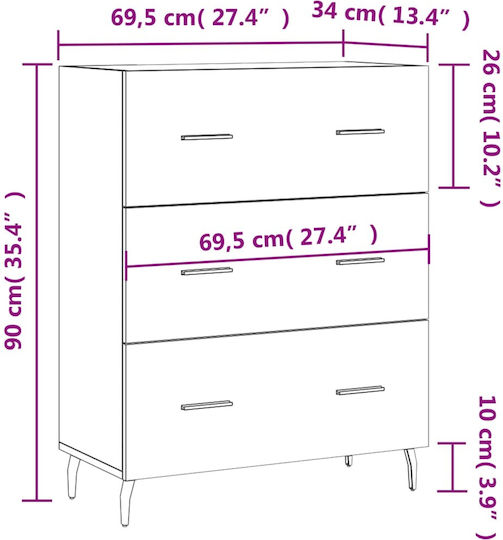 Wooden Chest of Drawers with 3 Drawers White 69.5x34x90cm
