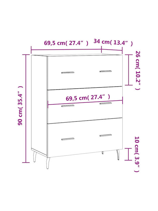 vidaXL Kommode Schlafzimmer Holz mit 3 Schubladen 69.5x34x90cm