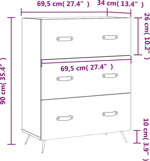 Comoda pentru Dormitor cu 3 sertare Gri 69.5x34x90buc