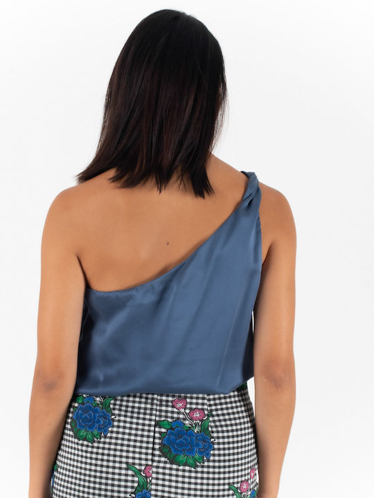 Damen Bluse Satin Schulterfrei mit einem Schulter Blau