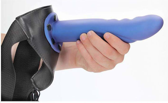 Shots Ouch Textured Curved Hollow Harness with Dildo 20.6cm in Blue Color