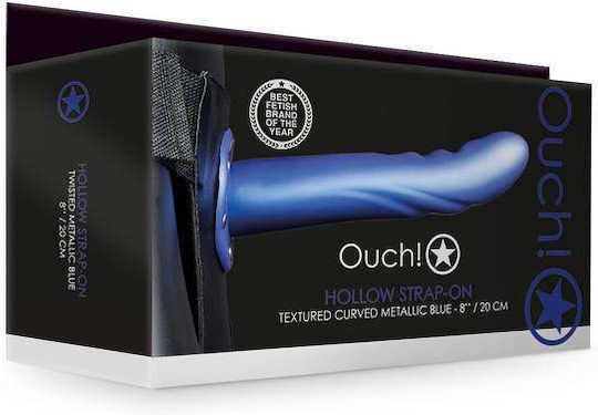 Shots Ouch Textured Curved Hollow Harness with Dildo 20.6cm in Blue Color