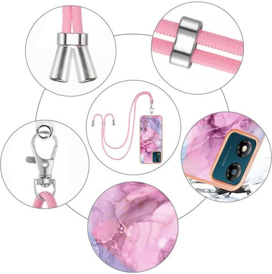 Electroplating Marble Back Cover Πλαστικό με Λουράκι Ροζ (Moto E13)
