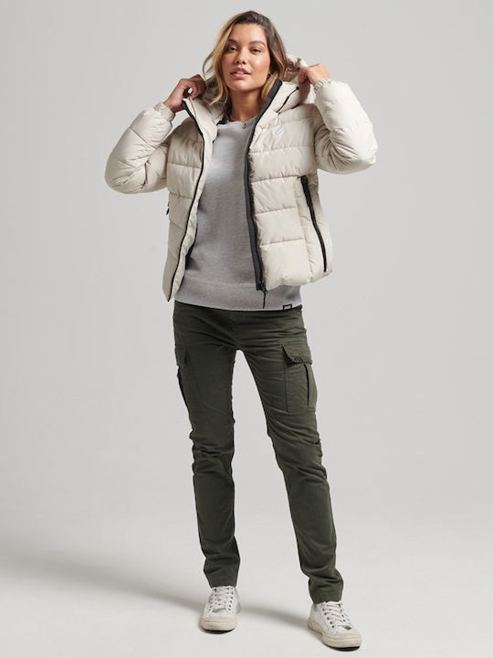 Women's Short Puffer Jacket for Spring or Autumn with Hood Gray