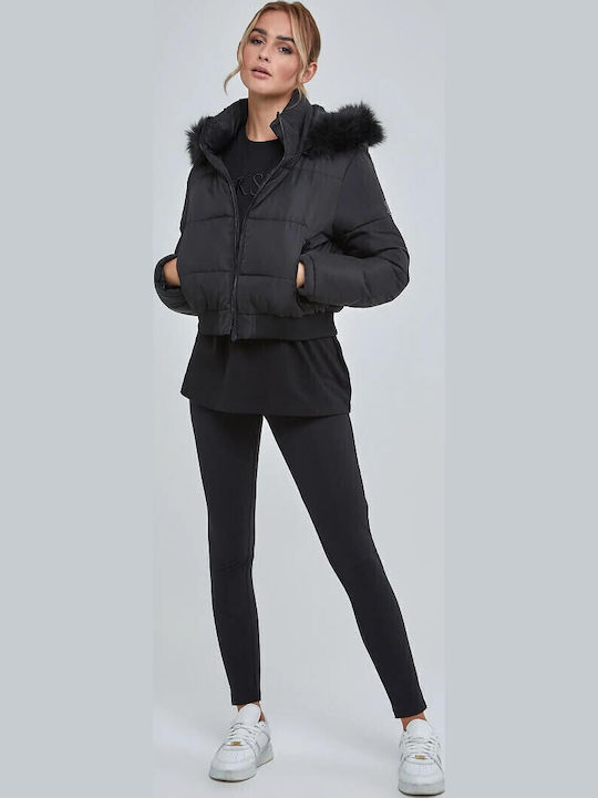 Women's Short Puffer Jacket for Winter with Hood Black