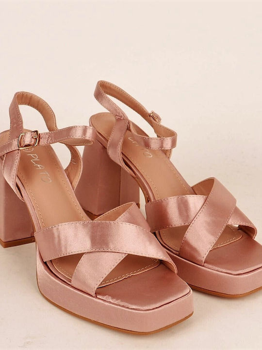 Plato Stoff Damen Sandalen mit Chunky hohem Absatz in Gold Farbe