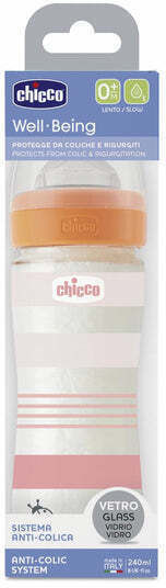 Chicco Glass Baby Bottle Well Being Anti-colic with Silicone Teat for 0+ Months Pink 240ml
