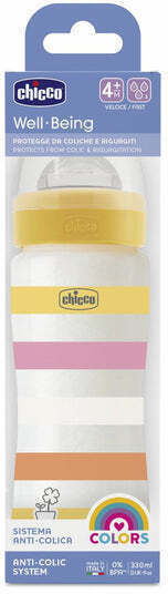 Chicco Πλαστικό Μπιμπερό Well Being Κατά των Κολικών με Θηλή Σιλικόνης για 4+ μηνών Κίτρινο 330ml