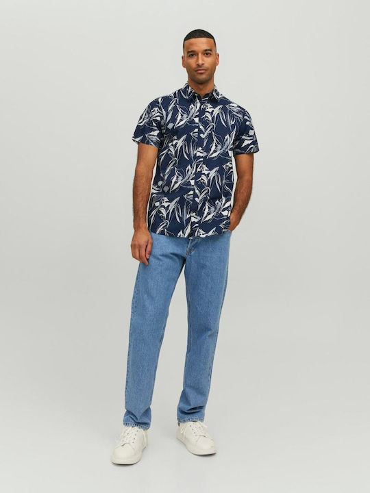 Short-sleeved Cotton Shirt Floral Navy Blue