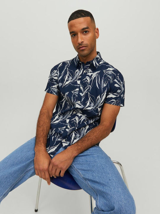 Short-sleeved Cotton Shirt Floral Navy Blue