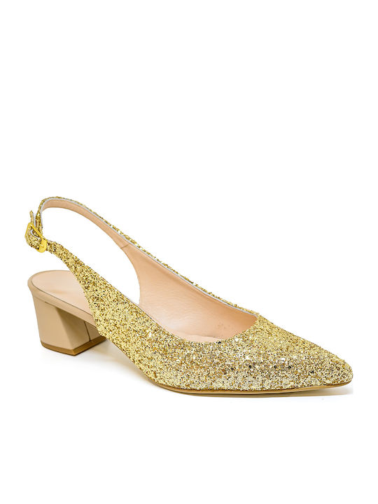 Leather Pointed Toe Gold Medium Heels with Strap