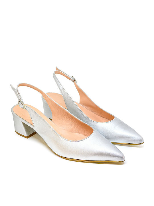 Leather Pointed Toe Silver Medium Heels with Strap
