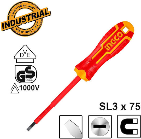 Ingco VDE SL3.0x75 mm Magnetic Electrician VDE 1000V Screwdriver Straight with Length 75mm