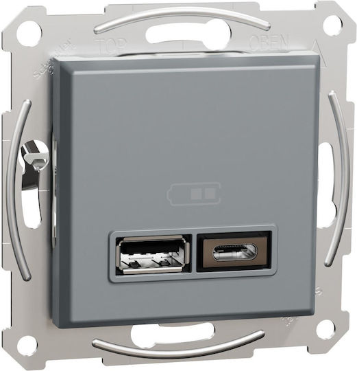 Schneider Electric Asfora Χωνευτή Πρίζα με 2 Θύρες USB Γκρι