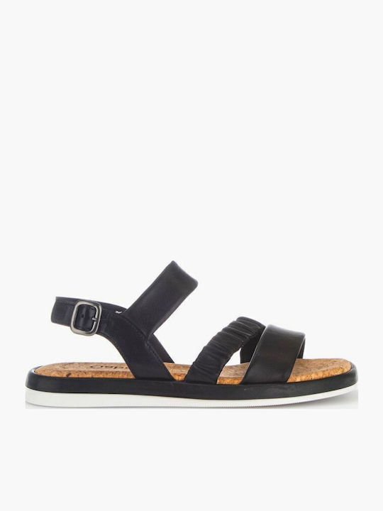 Leder Flache Sandalen für Damen Anatomisch mit Riemen in Schwarz Farbe