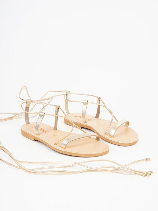 Piazza Shoes Leather Women's Flat Sandals with Strap in Gold Color