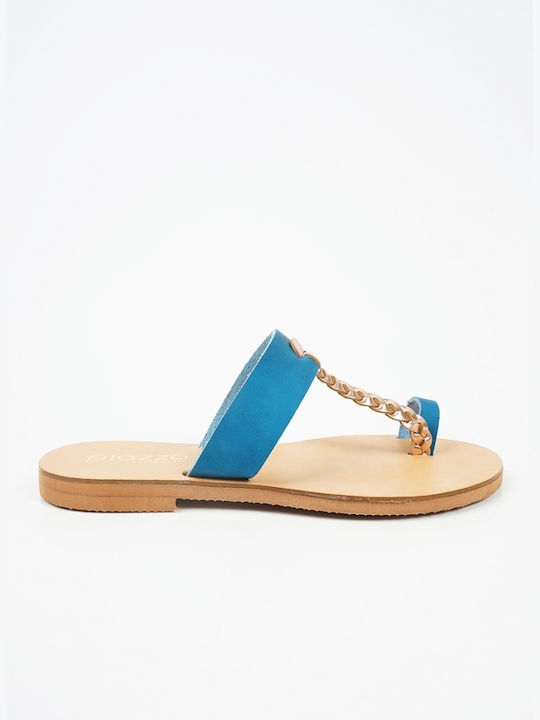 Piazza Shoes Leather Women's Flat Sandals in Blue Color