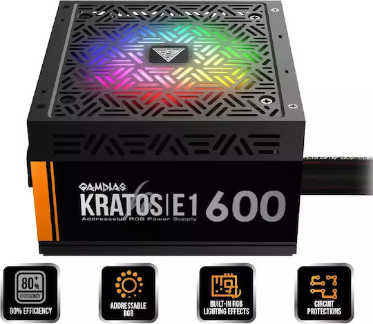 Gamdias Kratos E1-600 600W Schwarz Computer-Netzteil Voll verkabelt 80 Plus Standard