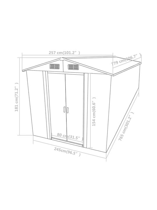 Metallisches Gartenhaus Grün mit Lüftungsschlitzen M2.57xB7.79xH1.81m