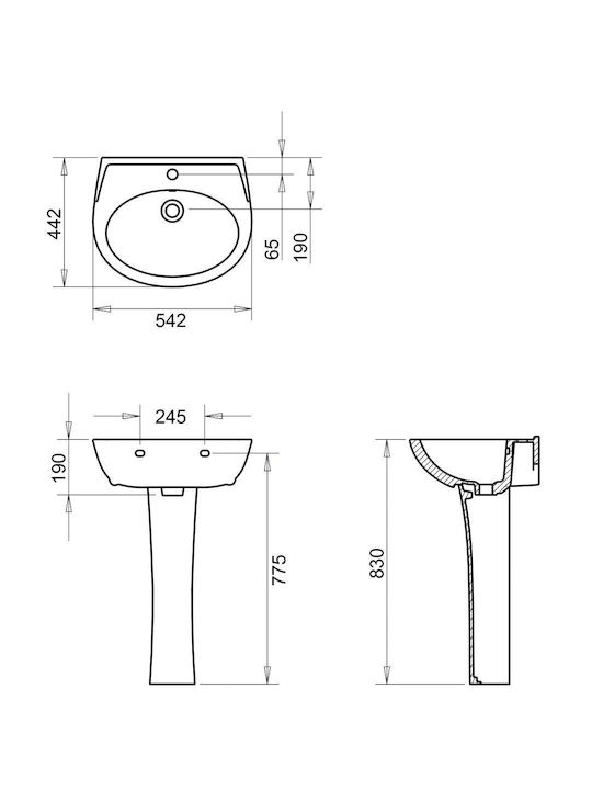 Tema Wall Mounted Bathroom Sink with Porcelain Pedestal 45x36x83cm White
