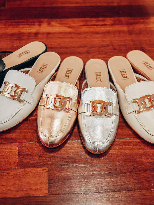 Flat Leather Mules in Gold Color