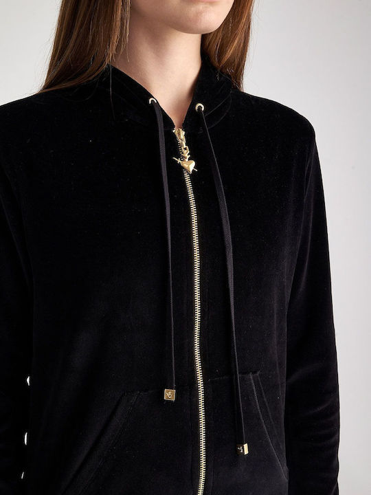 SugarFree Women's Hooded Velvet Cardigan Black