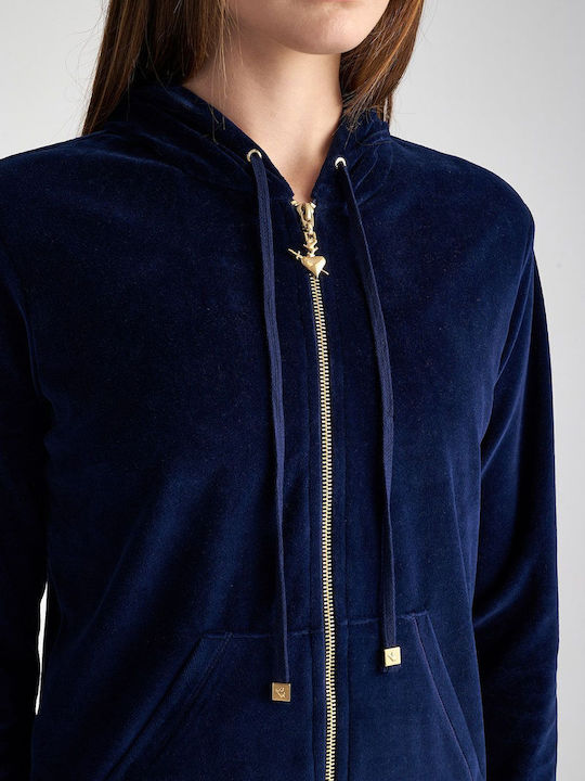 SugarFree Women's Hooded Velvet Cardigan Navy Blue