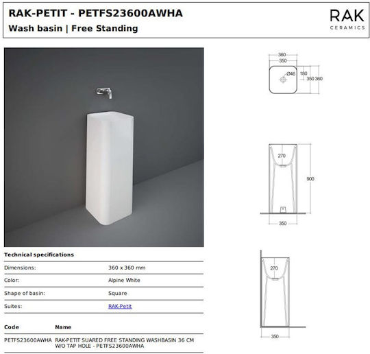 Rak Ceramics Petite Square Chiuvetă de Podea Porțelan 36x36x90cm Alb