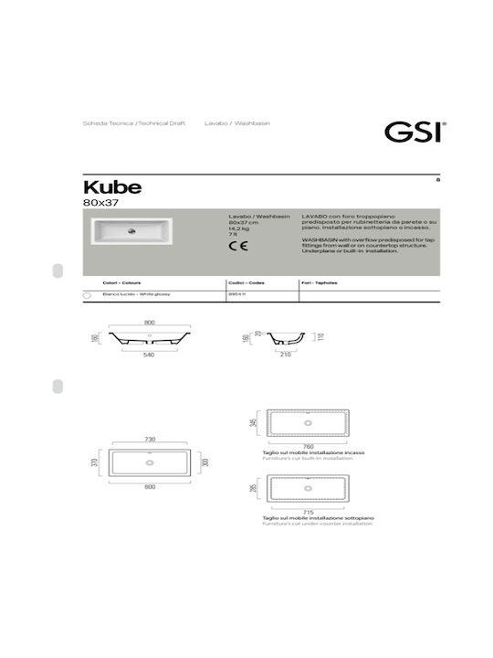 GSI Kube Unterbauwaschbecken Porzellan 60x37x16cm Weiß
